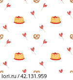 Shrovetide watercolor pattern with pancakes on a teeter totter, pretzel and rooster. Seamless illustration with traditional Christian holiday objects. Russian Maslenitsa week. For printing on fabrics and kitchen textiles. Стоковая иллюстрация, иллюстратор Татьяна Трущелева / Фотобанк Лори