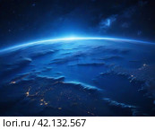 Night view of the Earth from a satellite. Space. Planet in the universe. Стоковое AI-изображение, AI-художник Сергей Елизарьев / Фотобанк Лори