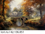 Old medieval park in English style with a bridge, watercolor,Generative AI. Стоковое AI-изображение, AI-художник Анна Кривицкая / Фотобанк Лори