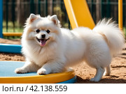 Fluffy puppy of Small German Pomeranian on dog playground, stretches out paw to owner. White funny doggy German Spitz dog gives paw on walk in nature, outdoors. Pet love concept. Copy ad text space. Стоковое AI-изображение, AI-художник Aleksandr Golubev / Фотобанк Лори
