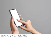Женщина держит смартфон, крупным планом руки. Смартфон с белым пустым экраном. Generative AI. Стоковое AI-изображение, AI-художник Щеголева Ольга / Фотобанк Лори
