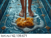 A person cleaning and mopping a floor. Sweepier, cleaning service. Clean tools. Cleaner. Brooms symbol. Стоковое AI-изображение, AI-художник Ирина Михайличенко / Фотобанк Лори
