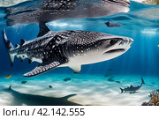 Whale shark (Rhincodon typus) mammal swimming in tropical underwaters. Shark in underwater wild animal world. Observation of wildlife ocean. Scuba diving adventure in Ecuador coast. Copy text space. Стоковое AI-изображение, AI-художник Aleksandr Golubev / Фотобанк Лори