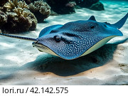Blue spotted stingray (Myliobatoidei) cartilaginous fish on sandy bottom in tropical underwaters. Skate in underwater wild animal world. Observation of wildlife ocean. Scuba diving in Ecuador coast. Стоковое AI-изображение, AI-художник Aleksandr Golubev / Фотобанк Лори
