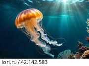 Jellyfish (Cubozoa) swimming in tropical underwaters bottom view. Medusa in underwater wild animal world. Observation of wildlife ocean. Scuba diving in Ecuador coast. Copy text space. Стоковое AI-изображение, AI-художник Aleksandr Golubev / Фотобанк Лори