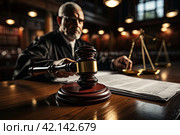 Court of Law and Justice Trial Session: Imparcial Honorable Judge Pronouncing Sentence, striking Gavel. Focus on Mallet, Hammer. Cinematic Shot of Dramatic Not Guilty Verdict. Close-up Shot. Стоковое AI-изображение, AI-художник Ирина Михайличенко / Фотобанк Лори