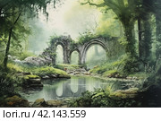 Old medieval park in English style with a bridge, watercolor,Generative AI. Стоковое AI-изображение, AI-художник Анна Кривицкая / Фотобанк Лори