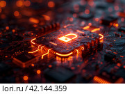 Материнская плата с замком. Концепция цифровой безопасности. Стоковое AI-изображение, AI-художник Щеголева Ольга / Фотобанк Лори