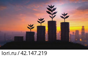 Economic Growth Concept with Seedlings and Coins. Economic growth and investment and sustainable development in business. Panorama with copy space. Стоковое AI-видео, аниматор Ольга Сухарева / Фотобанк Лори