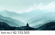 A serene mountain landscape with a meditator in lotus position. Стоковое AI-изображение, AI-художник Юлия Гапеенко / Фотобанк Лори