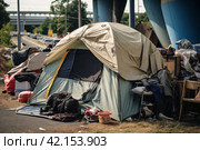 Homeless people living in tents in the city. Стоковое AI-изображение, AI-художник Irina Kuchugurina/Gaudy / Фотобанк Лори