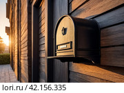 Black wooden Mailbox in an house residential building outside. Modern numbered mailbox box outdoors, creative design mail backgrounds. Urban correspondence concept. Copy ad text space. Generated Ai. Стоковое AI-изображение, AI-художник Aleksandr Golubev / Фотобанк Лори