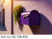 Purple wooden Mailbox in an house residential building outside. Modern numbered mailboxes box outdoors, creative design mail backgrounds. Urban correspondence concept. Copy ad text space. Generated Ai. Стоковое AI-изображение, AI-художник Aleksandr Golubev / Фотобанк Лори
