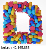 Letter Mem soffit made of various colorful pills and tablets. 3d illustration medical's font. isolated on white background. Стоковая иллюстрация, иллюстратор Anastaiya Lavrik / Фотобанк Лори