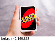 BELARUS, NOVOPOLOTSK - JANUARY 16, 2021: Uno cards close up. Редакционное фото, фотограф Аксенова Вера / Фотобанк Лори