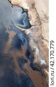 Oil spill on the surface of the reservoir. Стоковое AI-изображение, AI-художник Кирилл Черезов / Фотобанк Лори