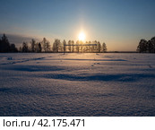 Снег искрится на заснеженном футбольном поле зимним вечером. Стоковое фото, фотограф Евгений Горбунов / Фотобанк Лори
