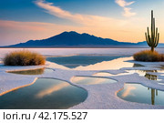 Landscape photography of wild nature salt flat with cactuses island, nobody. Scenery view of bolivian natural salt desert wilderness. Landmarks Bolivia concept. Copy ad text space, nature backgrounds. Стоковое AI-изображение, AI-художник Aleksandr Golubev / Фотобанк Лори