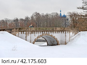 Карпин мост на Карпином пруду зимой. Дворцовый парк музея-заповедника «Гатчина». Город Гатчина Ленинградской области (2024 год). Редакционное фото, фотограф Румянцева Наталия / Фотобанк Лори