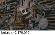 Sedlec, Kutna Hora, Czech Republic - October 17, 2018. Eerie Ossuary Artistry: Bone and Skull Composition. Стоковое видео, видеограф Даниил Хабаров / Фотобанк Лори