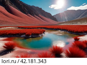 Landscape photo of Laguna Colorada red lake with dry vegetation and geysers at Andes mountains. Scenery view of Bolivia in natural wilderness. Bolivian nature landmarks concept. Copy ad text space. Стоковое AI-изображение, AI-художник Aleksandr Golubev / Фотобанк Лори