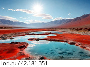 Landscape photo of Laguna Colorada red lake with dry vegetation and geysers at Andes mountains. Scenery view of Bolivia in natural wilderness. Bolivian nature landmarks concept. Copy ad text space. Стоковое AI-изображение, AI-художник Aleksandr Golubev / Фотобанк Лори