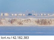 Winter arctic industrial landscape. View of wind turbines and tanks for fuel and oil products on a high rocky shore. Energy and Industry in the Far North of Russia. Chukotka, Siberia, Russian Far East. Стоковое фото, фотограф Андрей Степанов / Фотобанк Лори
