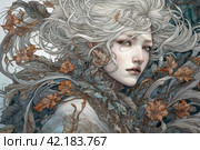 Drawing of a long-haired woman in shades of gray, portrait, ,Generative AI. Стоковое AI-изображение, AI-художник Анна Кривицкая / Фотобанк Лори
