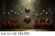 Surreal meeting of a secret society in red cloaks,Generative AI. Стоковое AI-изображение, AI-художник Анна Кривицкая / Фотобанк Лори