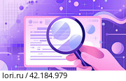 Hand with magnifying glass analyzing data on document. Стоковое AI-изображение, AI-художник Татьяна  Бральнина / Фотобанк Лори