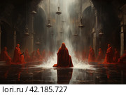 Surreal meeting of a secret society in red cloaks,Generative AI. Стоковое AI-изображение, AI-художник Анна Кривицкая / Фотобанк Лори