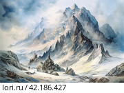 Snowy white peaks rise against the clear blue winter sky,Generative AI. Стоковое AI-изображение, AI-художник Анна Кривицкая / Фотобанк Лори