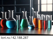 Close up of flasks and test tubes with acid in chemical laboratory. Reagents acid suspensions for experiments. Conical flask with samples of acids. Chemical industry concept. Copy ad text space. Стоковое AI-изображение, AI-художник Aleksandr Golubev / Фотобанк Лори