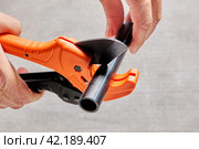 Using pipe cutter with ratcheting mechanism when installing sprinkler water line, close-up of cutting plastic pipe. Стоковое фото, фотограф Владимир Григорьев / Фотобанк Лори