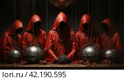 Surreal meeting of a secret society in red cloaks,Generative AI. Стоковое AI-изображение, AI-художник Анна Кривицкая / Фотобанк Лори