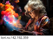 Elderly woman with a magic book,Generative AI. Стоковое AI-изображение, AI-художник Анна Кривицкая / Фотобанк Лори