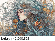 Drawing of a long-haired woman in shades of gray, portrait, ,Generative AI. Стоковое AI-изображение, AI-художник Анна Кривицкая / Фотобанк Лори