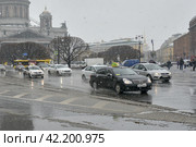 Ненастная весенняя погода в Санкт-Петербурге. Мокрый снег с дождем. На Исаакиевской площади (2017 год). Стоковое фото, фотограф Александр Алексеев / Фотобанк Лори