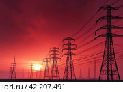 Electricity distribution station pylons on background of red acid sky. Silhouette image power line support high voltage power transmission tower and lines in an urban pollution environment. Copy space. Стоковое AI-изображение, AI-художник Aleksandr Golubev / Фотобанк Лори