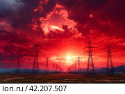 Electricity distribution station pylons on background of red acid sky. Silhouette image power line support high voltage power transmission tower and lines in an urban pollution environment. Copy space. Стоковое AI-изображение, AI-художник Aleksandr Golubev / Фотобанк Лори