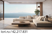 Living room interior with large window. Стоковое AI-изображение, AI-художник Михаил Коханчиков / Фотобанк Лори