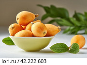 Loquat fruit. Nispero. Eriobotrya Japonica. Loquat in bowl with fresh leaves. Close up. Стоковое фото, фотограф Галина Омельчук / Фотобанк Лори