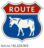 Red blue American road sign in the form of a shield. Inscription, route and white silhouette of a donkey. Icon, sticker or badge. Стоковая иллюстрация, иллюстратор GAlexS / Фотобанк Лори