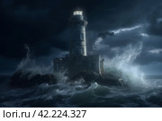 Storm night lighthouse spotlight. Generate Ai. Стоковое AI-изображение, AI-художник Иван Рябоконь / Фотобанк Лори