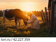 Woman cow farm sunset. Generate Ai. Стоковое AI-изображение, AI-художник Иван Рябоконь / Фотобанк Лори