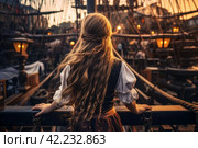 Pirate cute girl aboard pirate ship. Generate Ai. Стоковое AI-изображение, AI-художник Иван Рябоконь / Фотобанк Лори