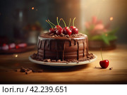 Chocolate cake cherry food. Generate Ai. Стоковое AI-изображение, AI-художник Иван Рябоконь / Фотобанк Лори