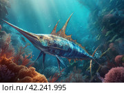 Swordfish underwater reef. Generate Ai. Стоковое AI-изображение, AI-художник Иван Рябоконь / Фотобанк Лори