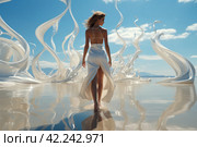 Fashion catwalk on the seashore with a model in white showing off an outfit,Generative AI. Стоковое AI-изображение, AI-художник Анна Кривицкая / Фотобанк Лори