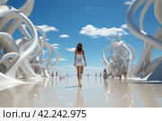 Fashion catwalk on the seashore with a model in white showing off an outfit,Generative AI. Стоковое AI-изображение, AI-художник Анна Кривицкая / Фотобанк Лори